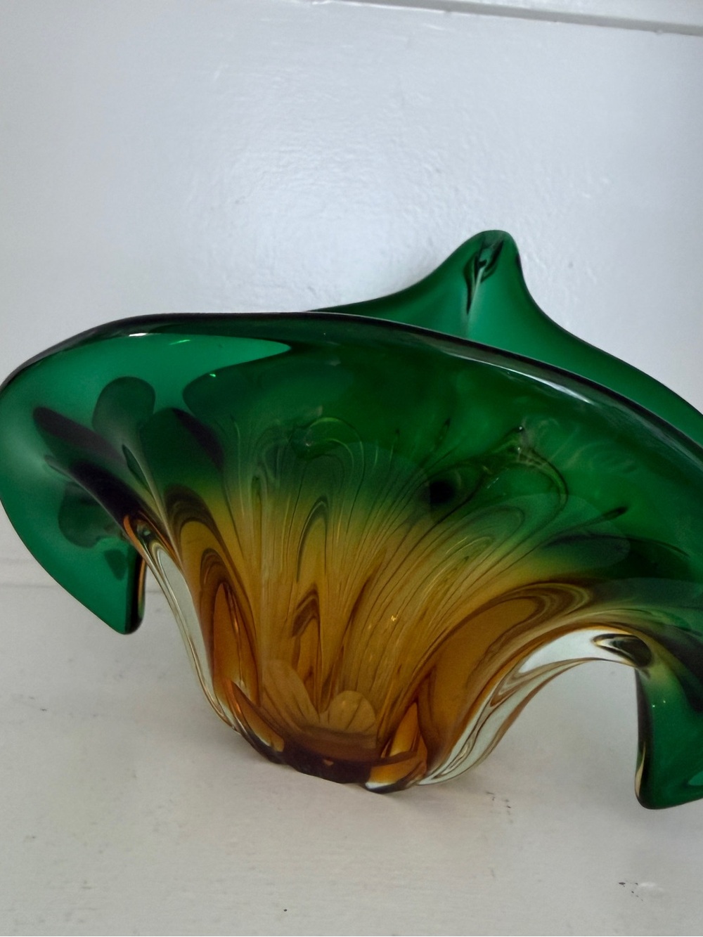 Green and Amber Glass Art Bowl - Handblown Home Art